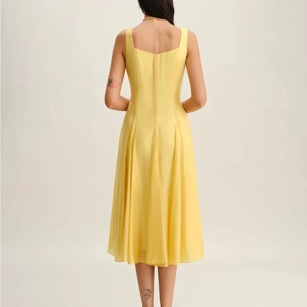Yellow Square Neck Pleated Slip Midi Dress - Picture 4 of 7